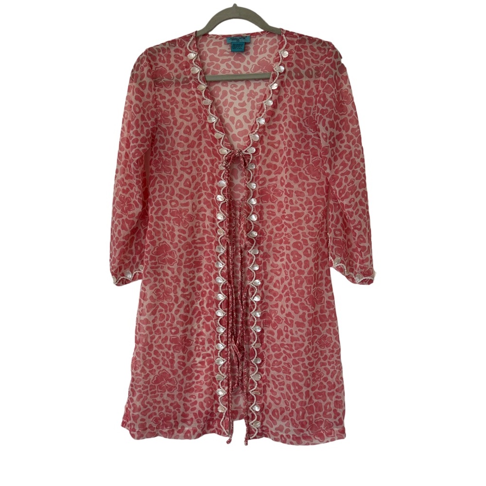 Letarte Handmade Cover Up Pink Chiffon Beaded Shell Trim Kimono Animal Print‎ XS
